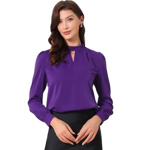 INSPIRE CHIC Women's Office Keyhole Elegant Stand Collar Long Sleeve Back Neck Button Blouse - 1 of 4