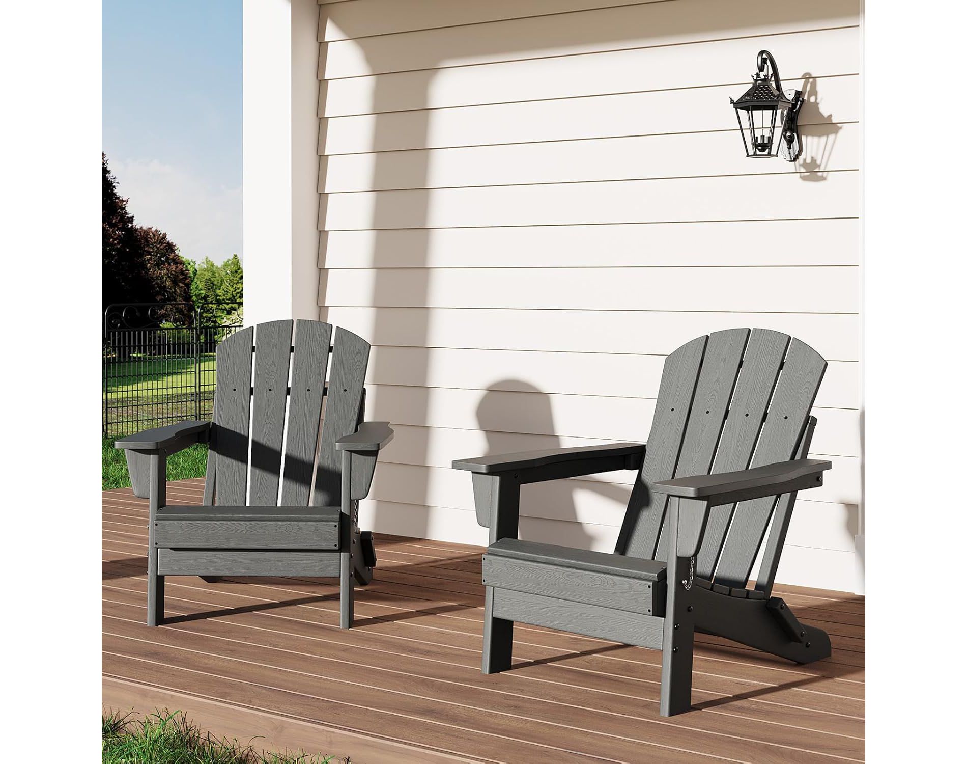 Acekool Folding Adirondack Chairs set of 2, HDPE Plastic Outdoor Chair Wood Texture, 380lbs, Patio/Deck/Backyard – Black
