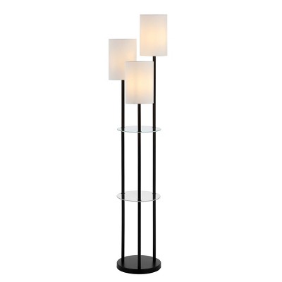 Soren Adjustable Black Iron Arc Floor Lamp with Glass Shelves