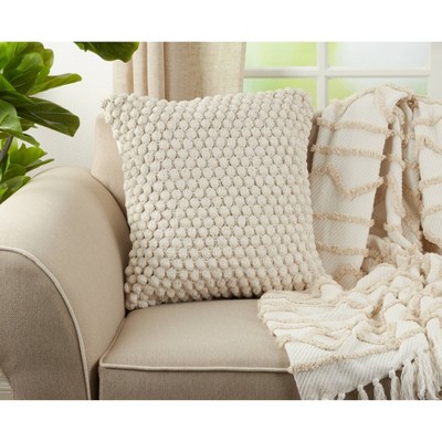 20" Off-White Cotton Crochet Pom-Pom Square Throw Pillow