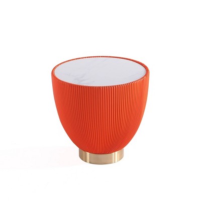 Orange Pleated Leatherette and Gold Metal Round Accent Table Set