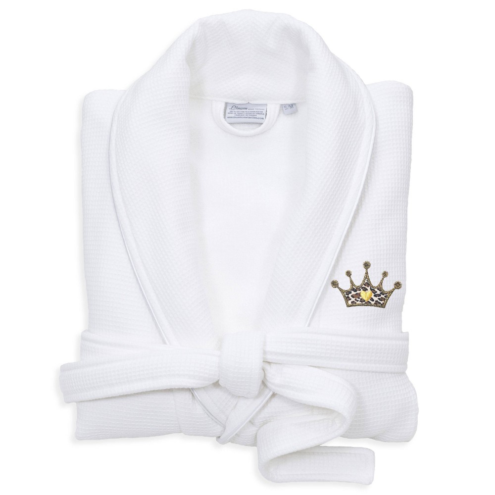 Photos - Other Textiles S/M Waffle Terry Bathrobe with Cheetah Crown Design White - Linum Home Tex