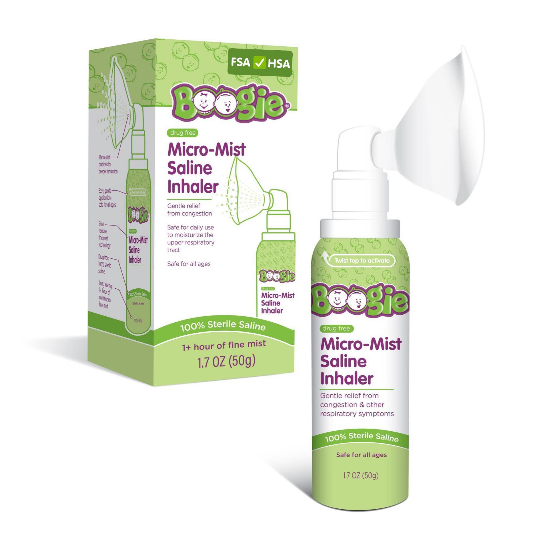 The Boogie Brand Micro-Mist Saline Inhaler - 1.7oz: Cold, Cough or Flu Treatment, Hypoallergenic, Alcohol-Free