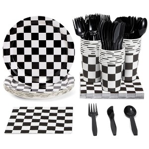 Blue Panda 144 Piece Race Car Birthday Party Supplies with Checkered Flag Plates, Napkins, Cups, and Cutlery (Serves 24) - 1 of 4