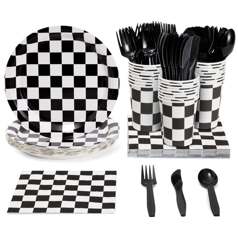 Juvale 144 Piece Disposable Dinnerware Set, Race Car Birthday Party Supplies (Serves 24), 1 of 9