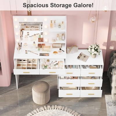 61" Makeup Vanity with Mirror & Lights - 3 Color Modes, 8 Drawers & 2 Shelves, Adjustable Brightness for Bedroom