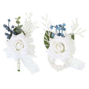 Unique Bargains Rose Corsage and Boutonnieres Set For Party Wedding Flowers Pin 2.76 Inch 2 Pcs - 1 of 4