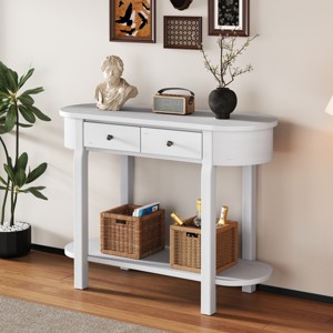Retro Solid Wood Console Table, Curved Design with 2 Drawers & Open Shelf, Entryway & Living Room Furniture – Cuddlewood - 1 of 4