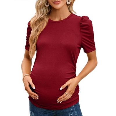 Women's Floral Puff Sleeve Ruched Side Tunic Blouses Shirts