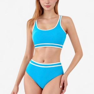 Anna-Kaci Swim Women's Sporty High Waist Bikini Set with Contrast Trim and Scoop Neck Crop Top - 1 of 4