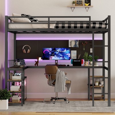 VYNXARIA Full XL Metal Loft Bed with Desk and Shelves, Loft Bed with Ladder and Guardrails, Loft Bed Frame for Bedroom, Black