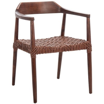 Walnut-Cognac Mid-Century Leather Woven Accent Chair