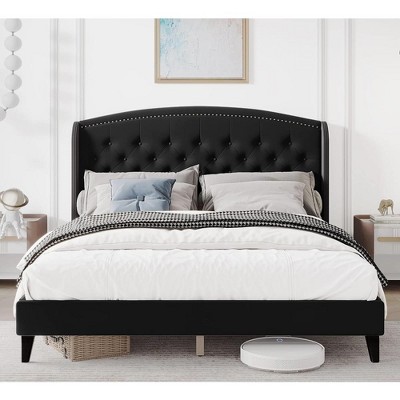 Bed Frame with Button Tufted Wingback Headboard