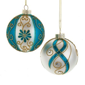 Kurt Adler 80MM Gold, Dark Teal and White Embellished Ball Ornaments, 6 Piece Set - 1 of 4