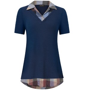 BLUEMING Womens Summer T-Shirts V Neck Faux Layering Shirts Color Block Polo Shirts Plaid Teacher Shirts - 1 of 3