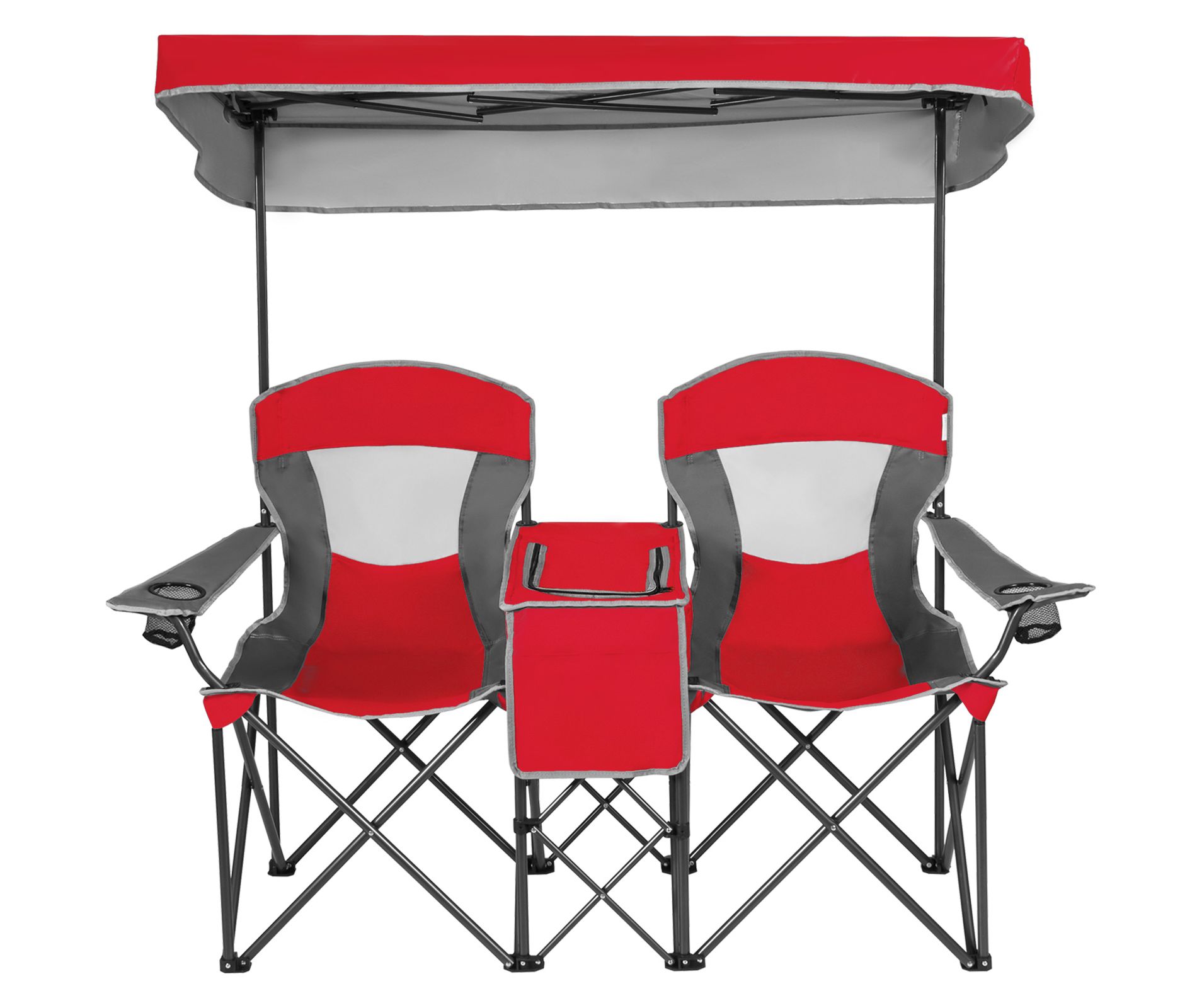 Gymax Double Folding Camping Chairs W/ Carrying Bag Outdoor 2-Seat Picnic Chair W/ Adjustable & Detachable Canopy Portable & Foldable Loveseat Red