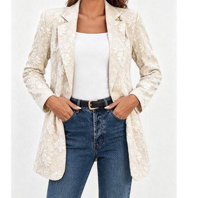 Женские куртки YesFashion Women's Floral Embroidery Open Blazer Lapel Collar Single Button Long Sleeve Relaxed Casual Outerwear Jacket,khaki,xl — фото 3