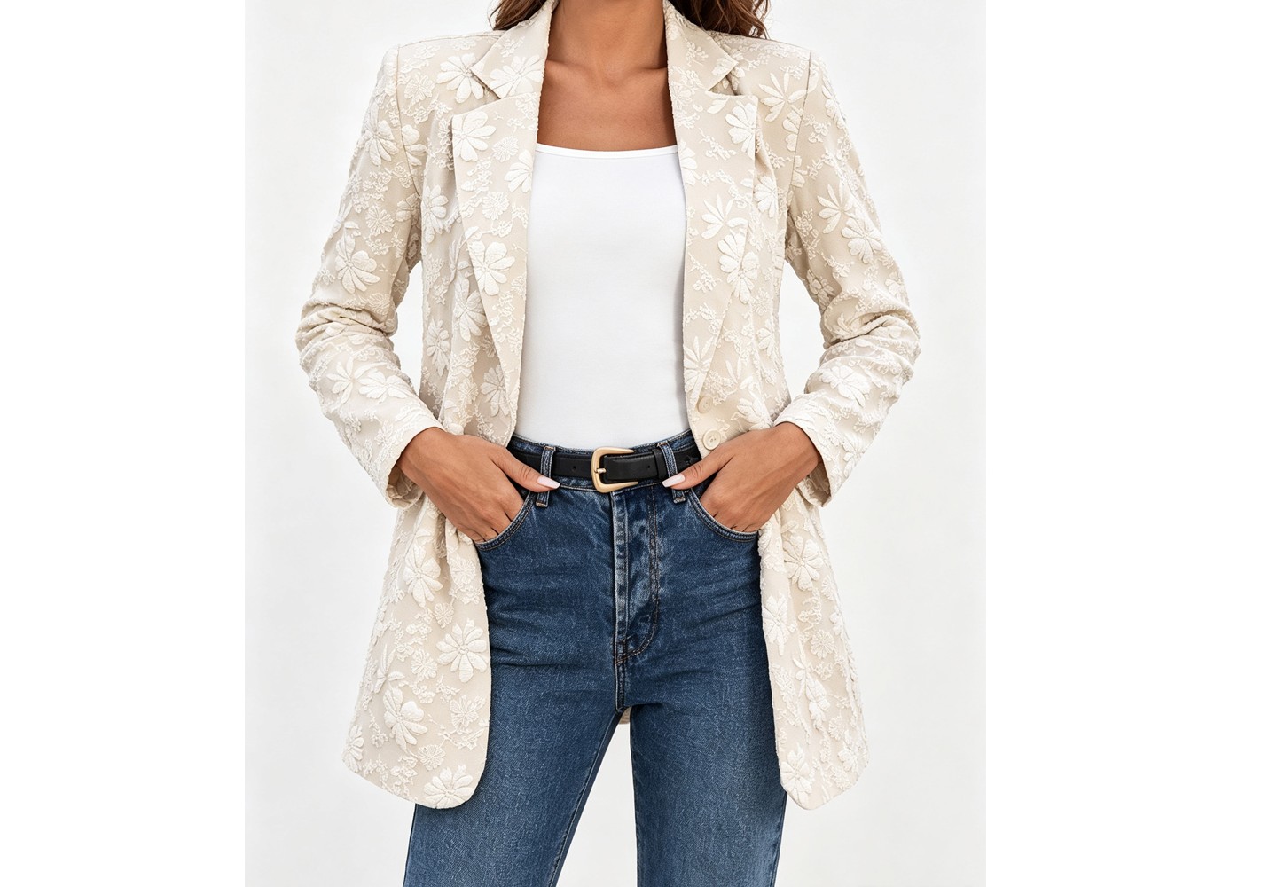 Женская куртка YesFashion Floral Embroidery Open Blazer Lapel Collar Single Button Long Sleeve Relaxed Casual Outerwear Jacket, khaki, цвет: С принтом — фото 3