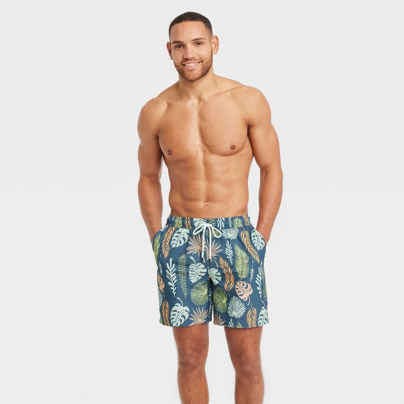 Men's 7" Leaf Print Swim Shorts with Boxer Brief Liner - Goodfellow & Co™ Navy Blue, 4 of 6