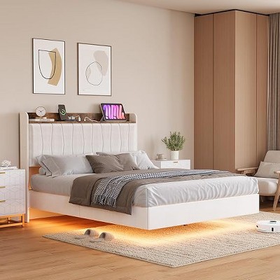 coucheta Floating Bed Frame Full with LED Lights & USB Charging Station – Modern Upholstered Platform Bed with Headboard, Solid Wood Slats Support