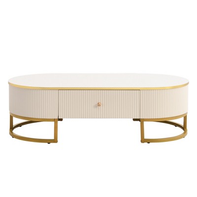 Vynxaria Series 47.2 in. White and Gold Oval MDF End Table with Drawers and Curved Design
