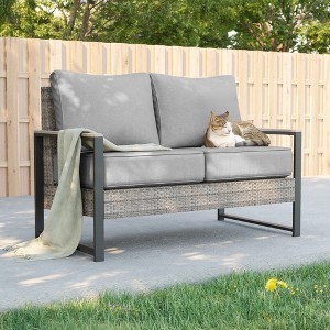Sonkuki Loveseat Sofa, All-Weather PE Rattan Wicker Set Patio Conversation Couch with Cushion - 1 of 4