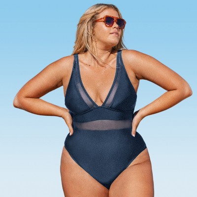 Women's Plus Size V Neck Mesh Sheer One Piece Swimsuit -cupshe-1x-navy :  Target