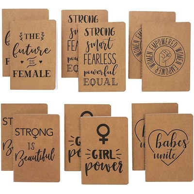 Paper Junkie 12-Pack Women Empowerment Kraft Journal Bulk, 4" x 5.7" Pocket Lined Notebook, Feminist Gifts