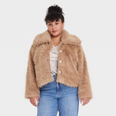 Women's Cropped Faux Fur Jacket - Ava & Viv™ Tan 3x : Target