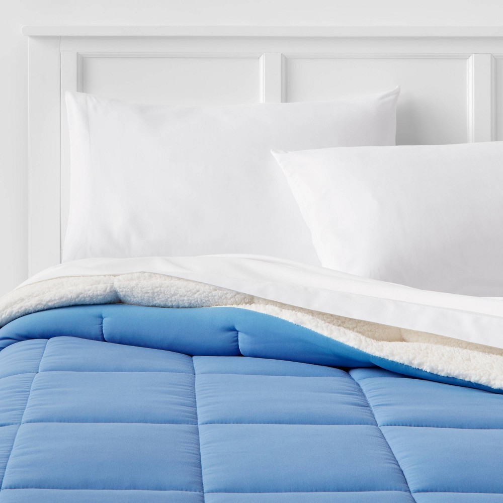 Twin/Twin Extra Long Faux Shearling Washed Microfiber Reversible Comforter Blue - Room Essentials