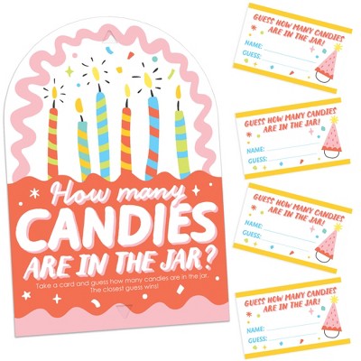 Big Dot of Happiness Party Time - How Many Candies Happy Birthday Party Game - 1 Stand and 40 Cards - Candy Guessing Game
