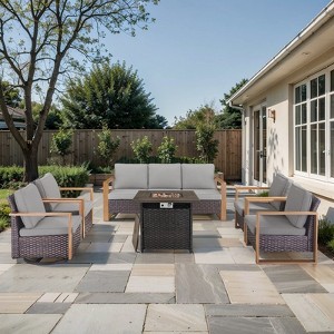 Gymojoy 6/8PCS 50000 BTU Gas Firepit Table with Outdoor 3-Seat Sofa Swivel Chair Ottoman Set - 1 of 4