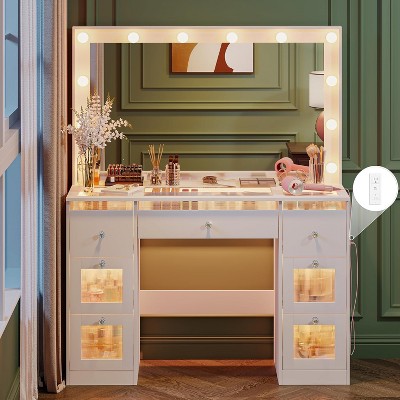 Petrimins Vanity Desk with Mirror and Lights 3 Colors, Glass Top Vanity with 7 Lighted Drawers & Power Outlet, Makeup Desk Dressing Table for Women