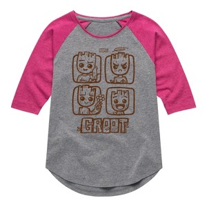 Girls' - Marvel - Guardians of the Galaxy Groot Grid Shirt Tail Raglan Graphic T-shirt - 1 of 4