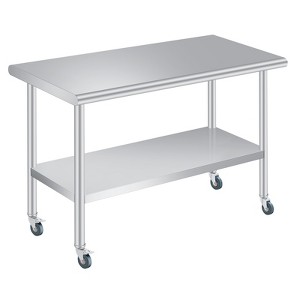 Stainless Steel Prep Table with Rounded-Corner, Adjustable Undershelf and 4 Caster Wheels, Commercial Heavy Duty Table with Adjustable Under Shelf - 1 of 4