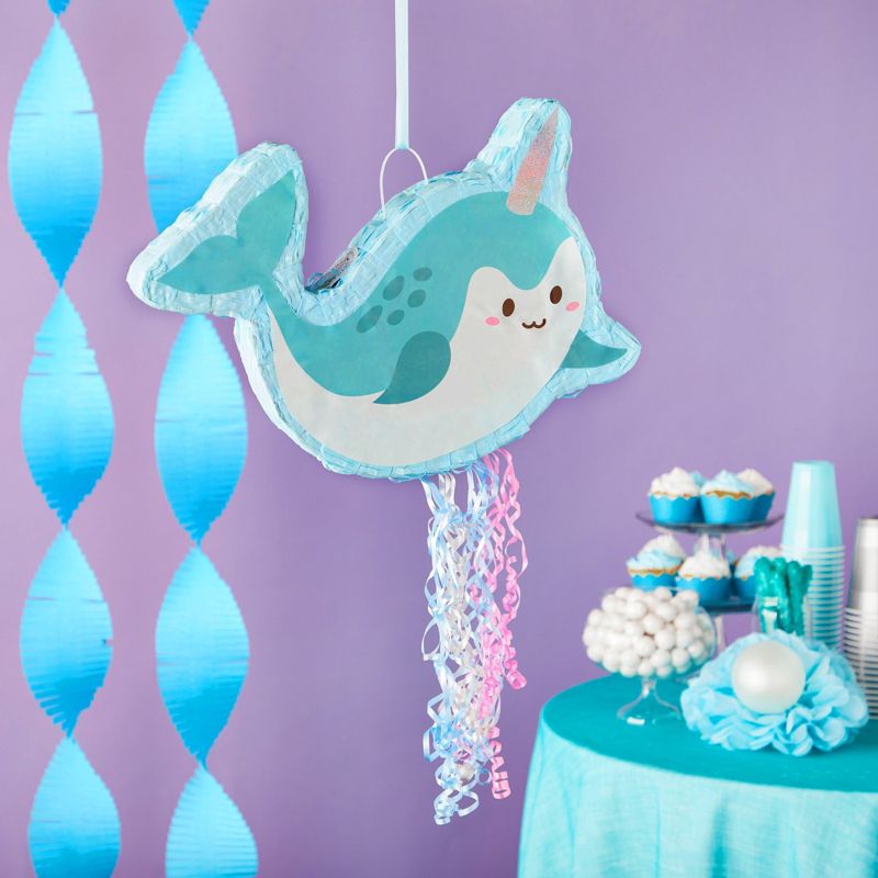 Blue Panda Pull String Narwhal Pinata for Kids Birthday Party Supplies, Under the Sea Party Decorations (Small, 16.5 x 12.3 In), 2 of 9