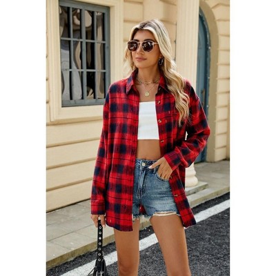 Coolmee Women's Plaid Shirts Contrast Color Soft Crochet Knit Shirts Long Sleeve Lapel Collar Button Down Blouses Tops with Pocket S Red