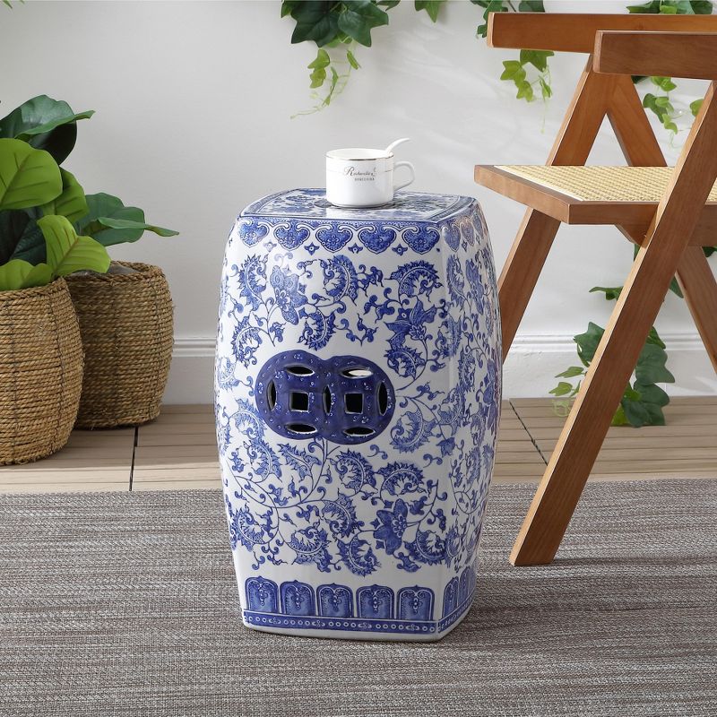 JONATHAN Y Floral Vine 18.5" Chinoiserie Ceramice Square Garden Stool, Blue/White, 2 of 7