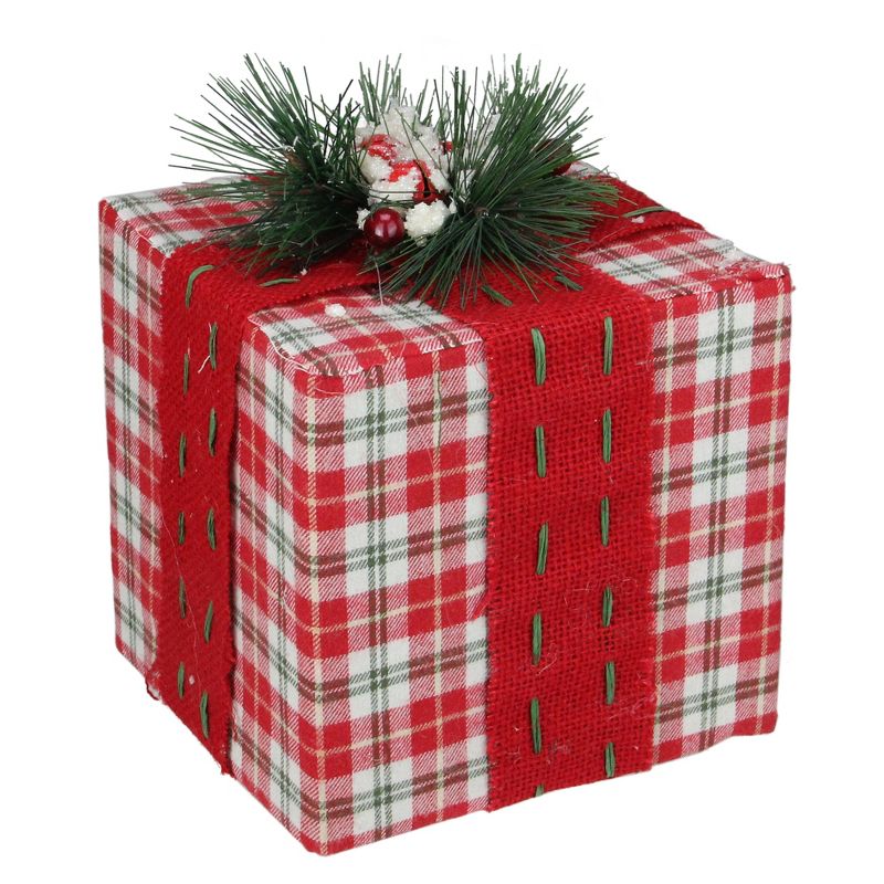 Northlight 8" Red and Green Plaid Square Gift Box with Pine Bow Table Top Christmas Accent, 1 of 4