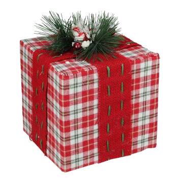 Northlight 8" Red and Green Plaid Square Gift Box with Pine Bow Table Top Christmas Accent