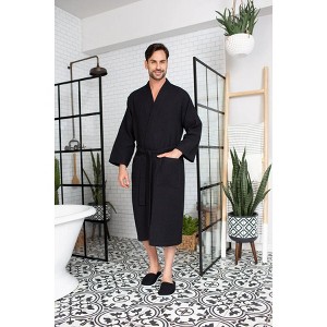 Lotus Linen Waffle Spa Bathrobe for Men - Absorbent, Lightweight Black Small - 1 of 4