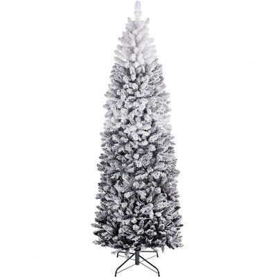 Yaheetech 6Ft/7.5Ft/9Ft Prelit Flocked Pencil Artificial Christmas Tree Holiday Decoration Hinged Spruce, Green