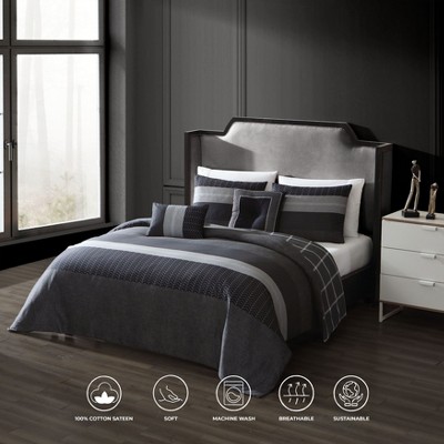 Black and Gray Cotton Queen Reversible Comforter Set