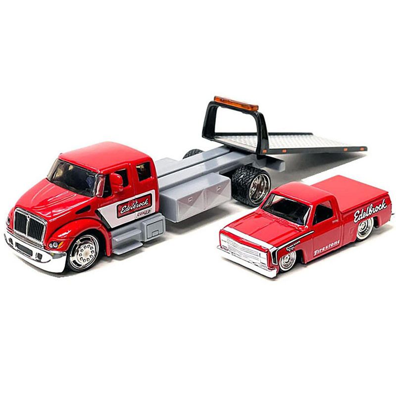 International DuraStar Flatbed Truck and 1987 Chevrolet 1500 Truck w/Bed Cover Red w/Graphics 1/64 Diecast Models by Maisto, 2 of 4