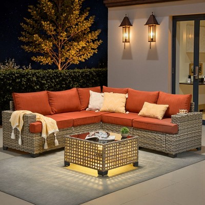 XIZZI All-Weather Rattan Furniture, Sectional Sets w/ Optional Solar Light-Up Coffee Table & Ottoman, Choose 6-9pc Configs in 8 Fade Resistant Colors