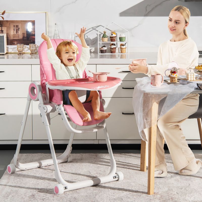 Babyjoy Baby High Chair Foldable Feeding Chair w/ 4 Lockable Wheels Pink\Black\Colorful\Green, 2 of 11