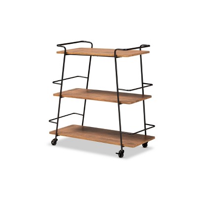 3 Tier Bernard Industrial Metal and Wood Mobile Wine Bar Cart Black/Walnut - Baxton Studio