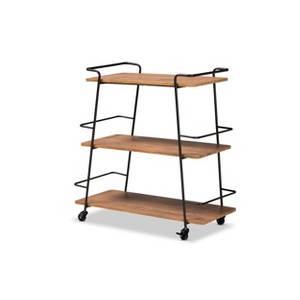 3 Tier Bernard Industrial Metal and Wood Mobile Wine Bar Cart Black/Walnut - Baxton Studio - 1 of 4