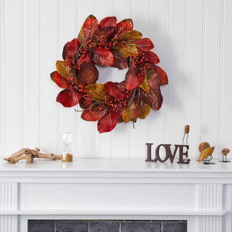 Nearly Natural 24” Harvest Magnolia Leaf and Berries Artificial Wreath, 3 of 4