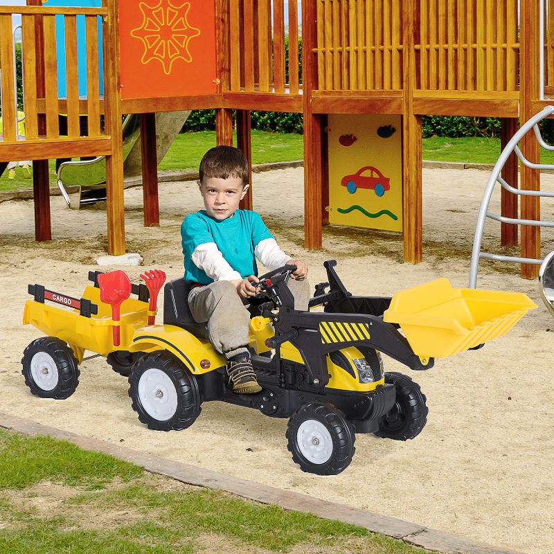 Aosom Ride-On Kids Bulldozer/Excavator Toy with Real Working Dirt Bucket, Easy Pedal Controls, 6 Wheels, & Cargo Trailer, 3 of 9